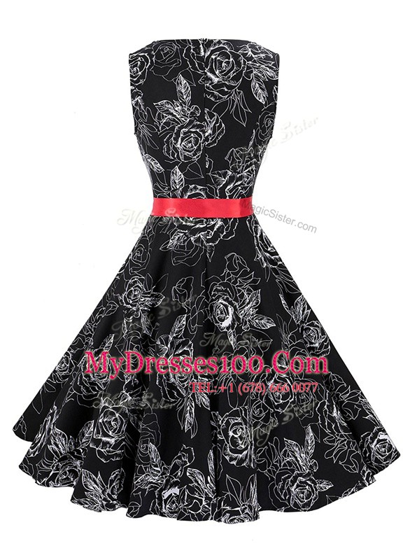 Scoop Black Zipper Prom Party Dress Sashes ribbons and Pattern Sleeveless Knee Length