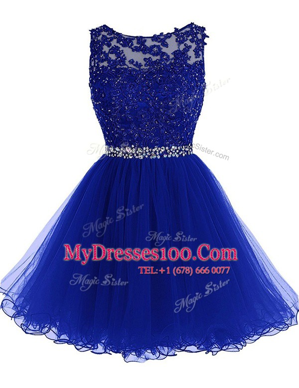 Dynamic Scoop Beading and Lace Dress for Prom Royal Blue Zipper Sleeveless Knee Length