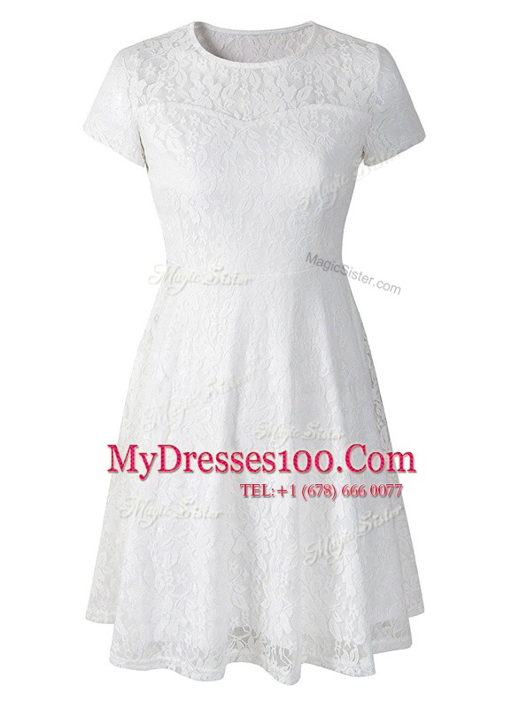 Scoop Short Sleeves Side Zipper Prom Gown White Organza