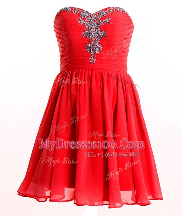 Red Empire Beading Prom Dress Lace Up Chiffon Sleeveless Mini Length