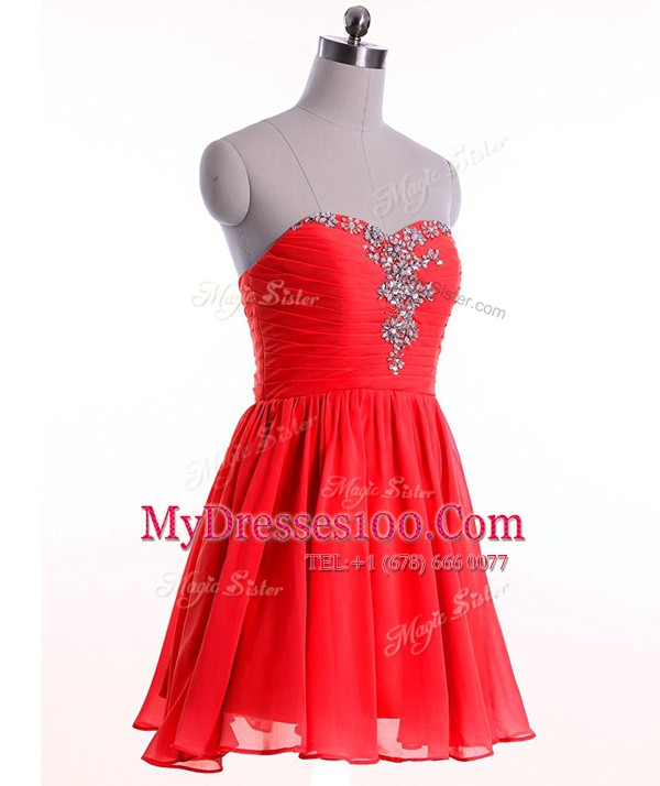 Red Empire Beading Prom Dress Lace Up Chiffon Sleeveless Mini Length