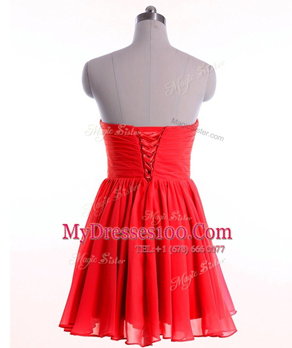Red Empire Beading Prom Dress Lace Up Chiffon Sleeveless Mini Length