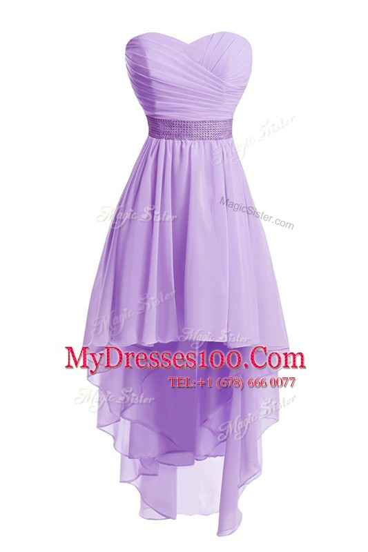 Ideal Lavender Sleeveless High Low Belt Lace Up Prom Dress