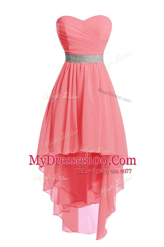 Empire Prom Gown Watermelon Red Sweetheart Organza Sleeveless High Low Lace Up