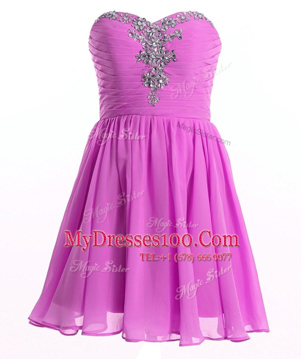 Affordable Lilac Sweetheart Neckline Beading and Ruching Sleeveless Lace Up