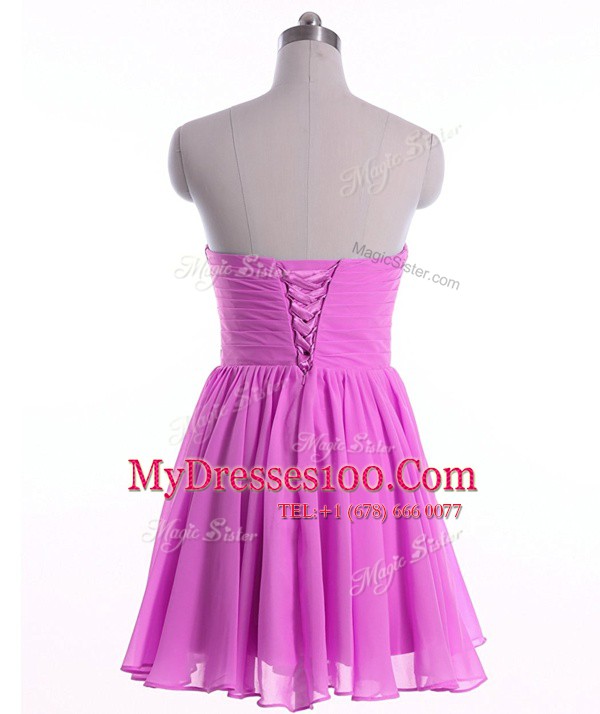 Affordable Lilac Sweetheart Neckline Beading and Ruching Sleeveless Lace Up