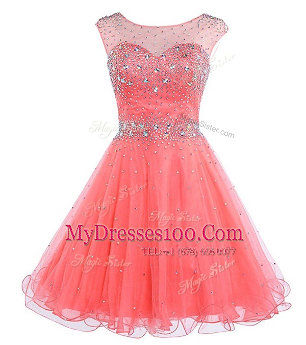 Watermelon Red Scoop Neckline Beading Prom Evening Gown Sleeveless Backless