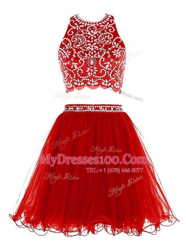 Trendy Red Clasp Handle Scoop Beading Dress for Prom Chiffon Sleeveless