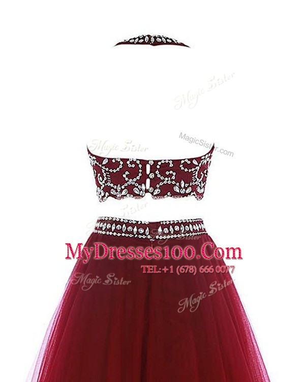 Trendy Red Clasp Handle Scoop Beading Dress for Prom Chiffon Sleeveless