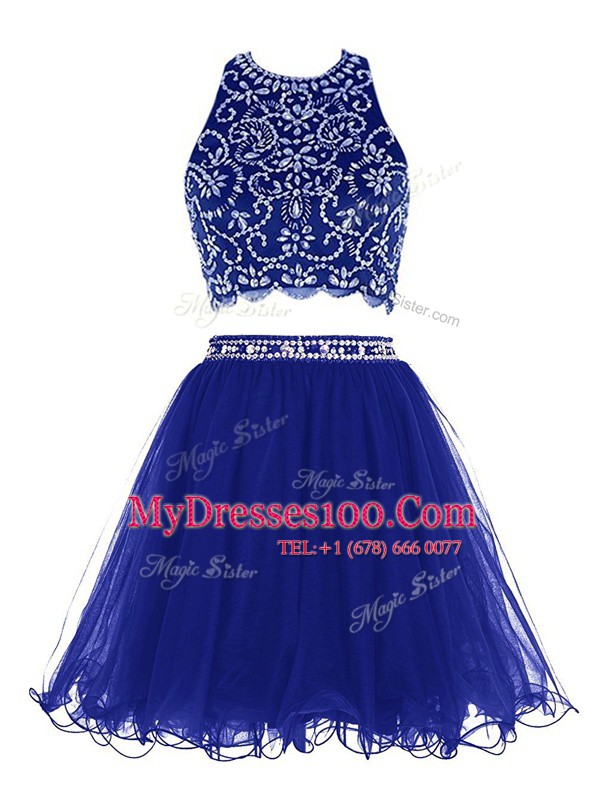 Colorful Scoop Sleeveless Criss Cross Prom Evening Gown Royal Blue Chiffon