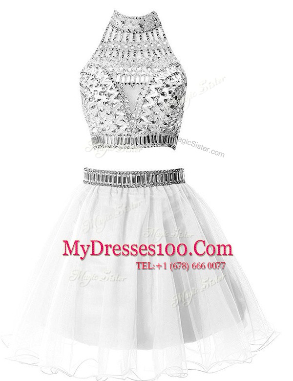 High Quality Chiffon High-neck Sleeveless Zipper Beading in Silver