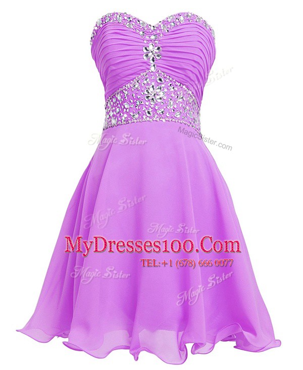 Mini Length Lilac Evening Dress Organza Sleeveless Beading and Belt