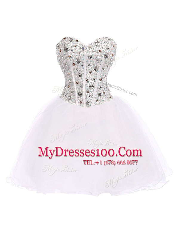 White Lace Up Dress for Prom Beading Sleeveless Mini Length