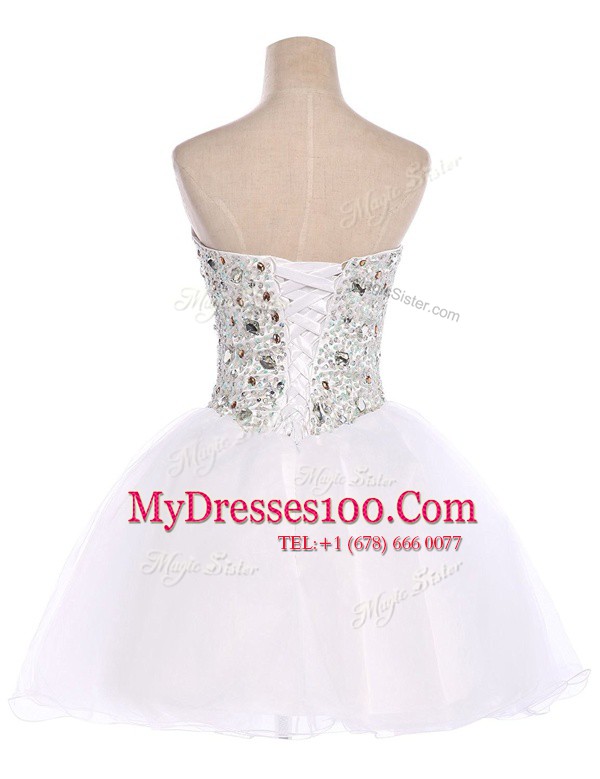 White Lace Up Dress for Prom Beading Sleeveless Mini Length