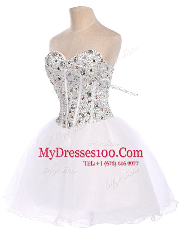 White Lace Up Dress for Prom Beading Sleeveless Mini Length