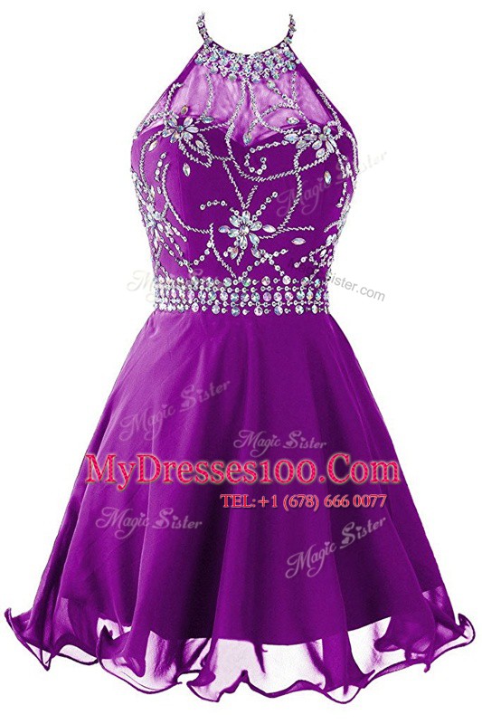 Deluxe Halter Top Purple Sleeveless Mini Length Beading Zipper Homecoming Dress