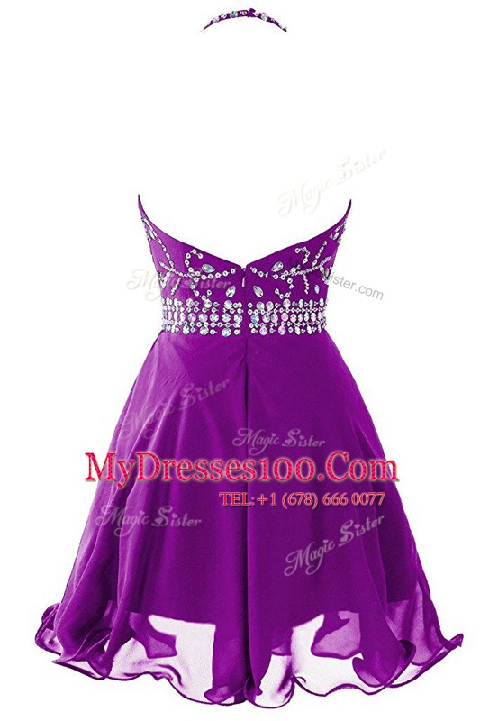 Deluxe Halter Top Purple Sleeveless Mini Length Beading Zipper Homecoming Dress