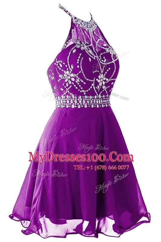Deluxe Halter Top Purple Sleeveless Mini Length Beading Zipper Homecoming Dress