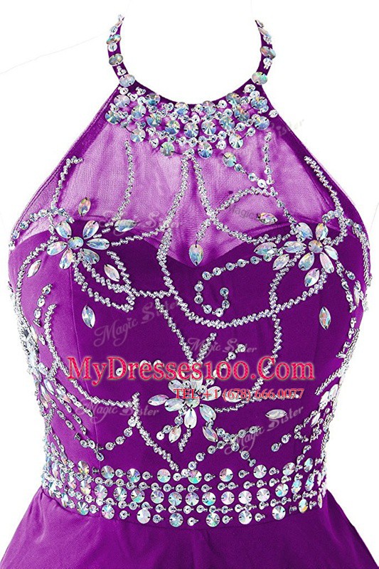 Deluxe Halter Top Purple Sleeveless Mini Length Beading Zipper Homecoming Dress