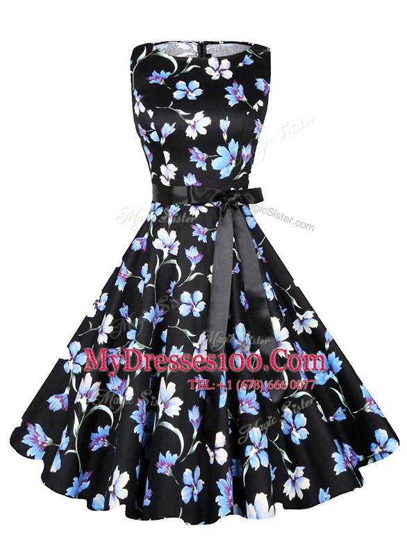 Elegant Scoop Sashes ribbons and Pattern Prom Gown Multi-color Zipper Sleeveless Knee Length