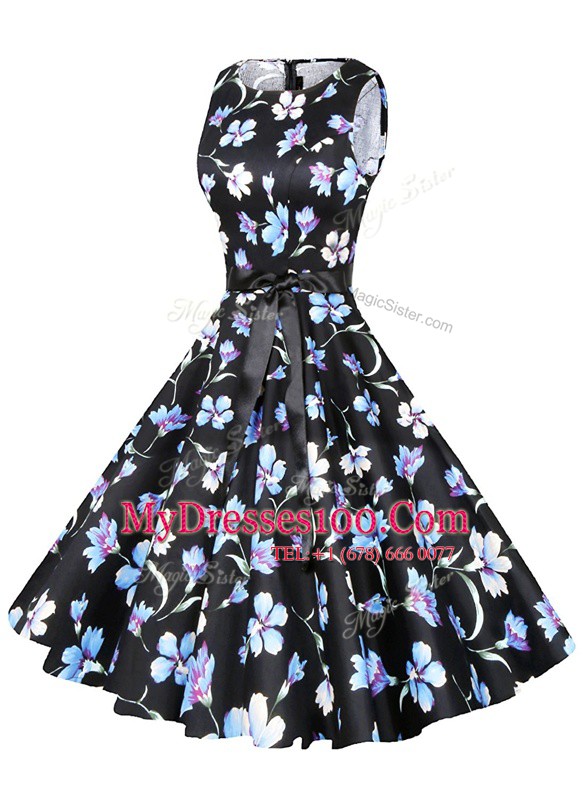 Elegant Scoop Sashes ribbons and Pattern Prom Gown Multi-color Zipper Sleeveless Knee Length