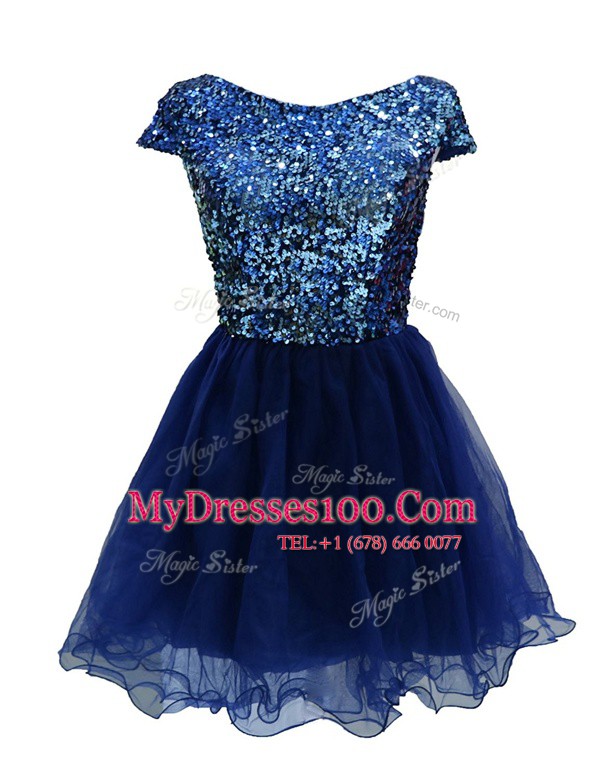 Cute Navy Blue Cap Sleeves Sequins Mini Length Evening Dresses