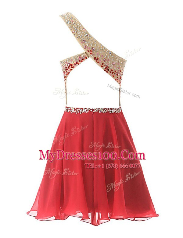 One Shoulder Chiffon Sleeveless Knee Length Homecoming Dress and Beading