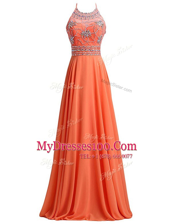 Scoop Sleeveless Sweep Train Beading and Belt Orange Red Chiffon