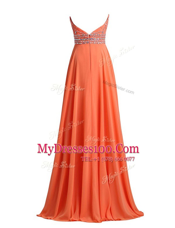 Scoop Sleeveless Sweep Train Beading and Belt Orange Red Chiffon