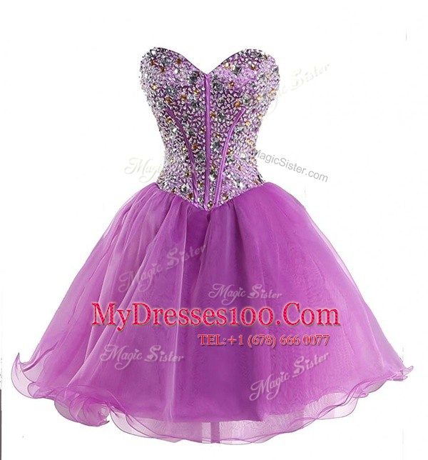 Latest Mini Length Lilac Prom Dress Organza Sleeveless Beading