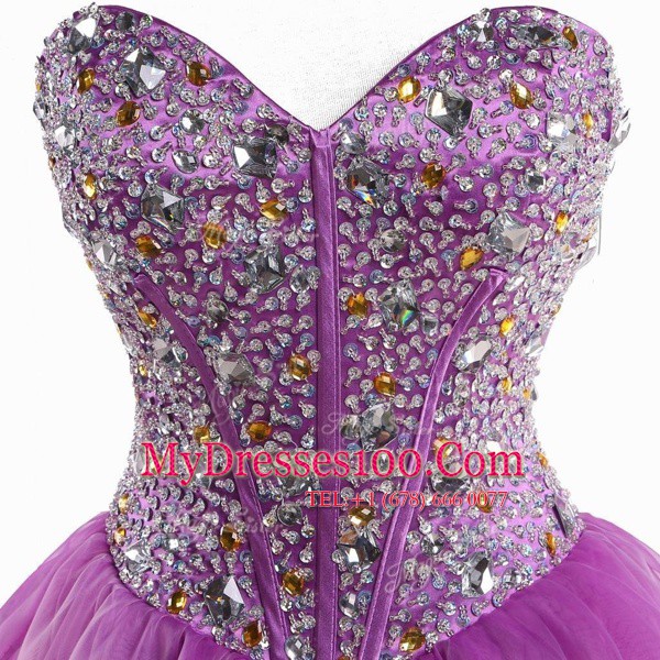 Latest Mini Length Lilac Prom Dress Organza Sleeveless Beading