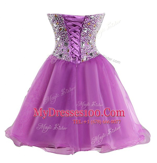 Latest Mini Length Lilac Prom Dress Organza Sleeveless Beading