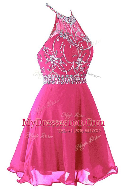 Halter Top Hot Pink Organza Zipper Party Dress for Girls Sleeveless Mini Length Beading