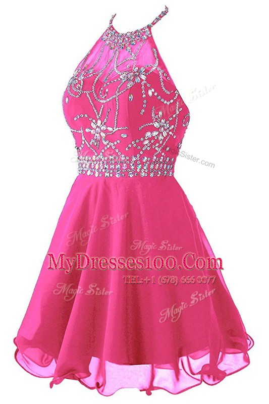 Halter Top Hot Pink Organza Zipper Party Dress for Girls Sleeveless Mini Length Beading