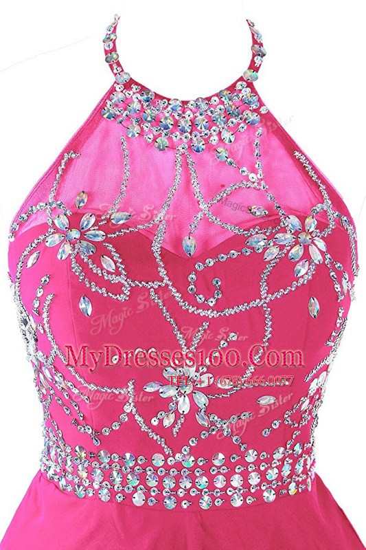 Halter Top Hot Pink Organza Zipper Party Dress for Girls Sleeveless Mini Length Beading
