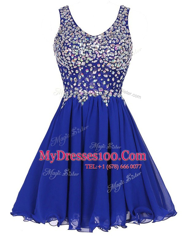 Ideal Royal Blue Zipper Straps Beading Chiffon Sleeveless