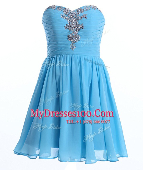 Beading Evening Dress Baby Blue Lace Up Sleeveless Mini Length