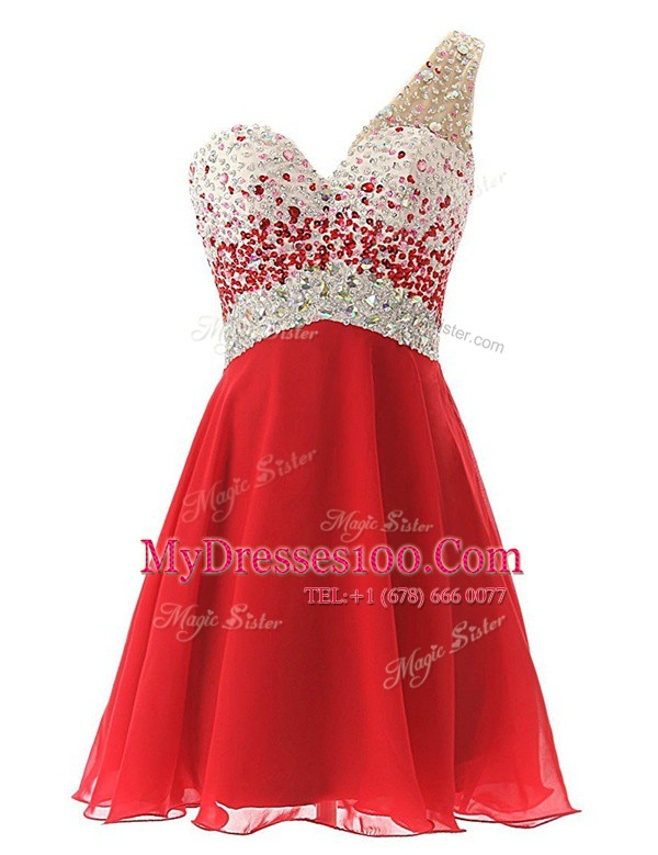 Knee Length Red Womens Evening Dresses One Shoulder Sleeveless Criss Cross