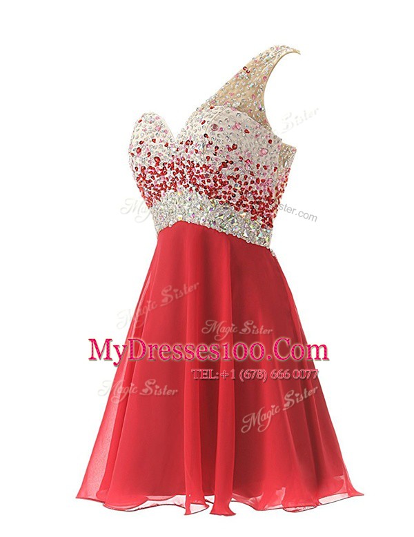 Knee Length Red Womens Evening Dresses One Shoulder Sleeveless Criss Cross