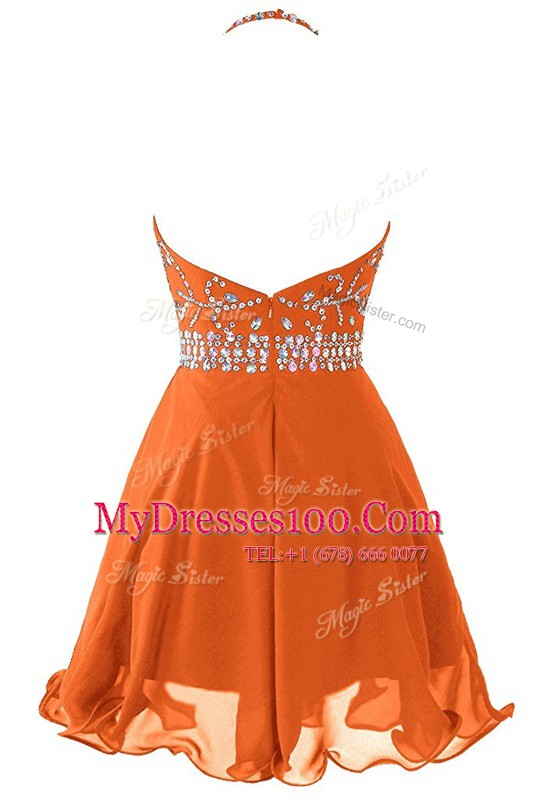 Dazzling A-line Evening Dress Orange Halter Top Organza Sleeveless Mini Length Zipper