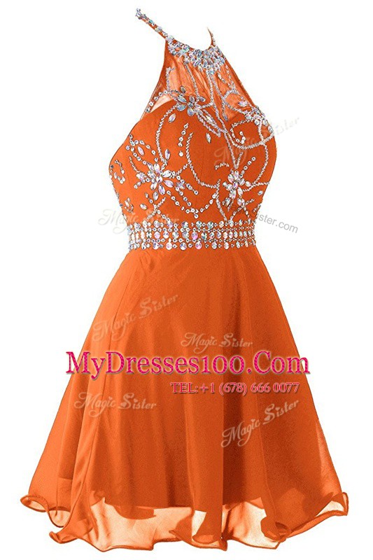 Dazzling A-line Evening Dress Orange Halter Top Organza Sleeveless Mini Length Zipper