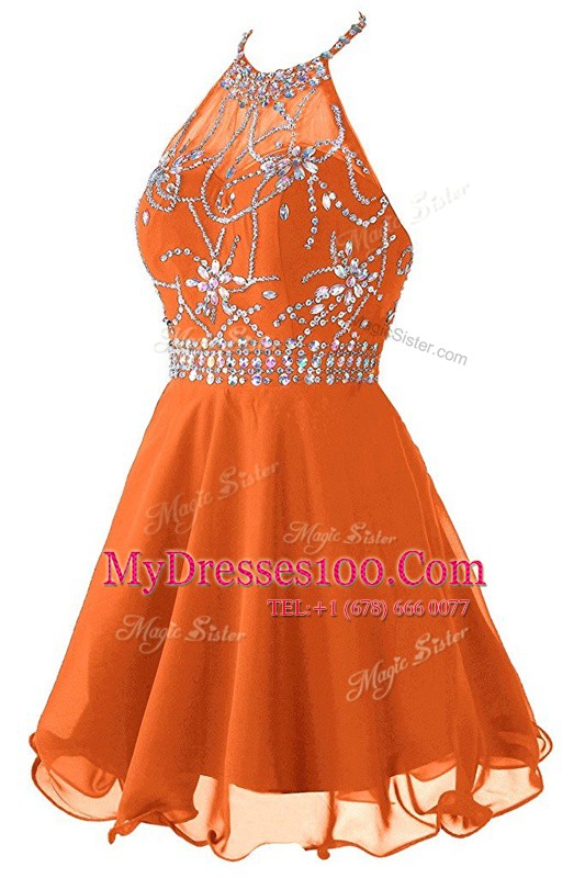 Dazzling A-line Evening Dress Orange Halter Top Organza Sleeveless Mini Length Zipper