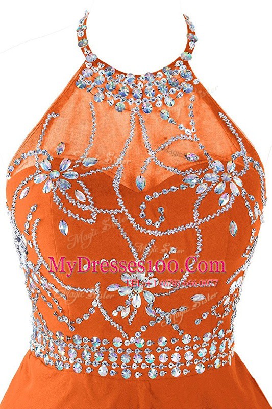 Dazzling A-line Evening Dress Orange Halter Top Organza Sleeveless Mini Length Zipper