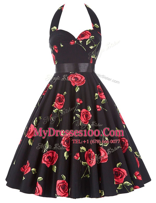 Red And Black Halter Top Zipper Sashes ribbons and Pattern Club Wear Sleeveless