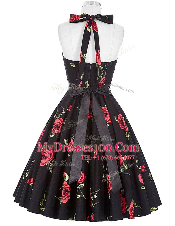 Red And Black Halter Top Zipper Sashes ribbons and Pattern Club Wear Sleeveless