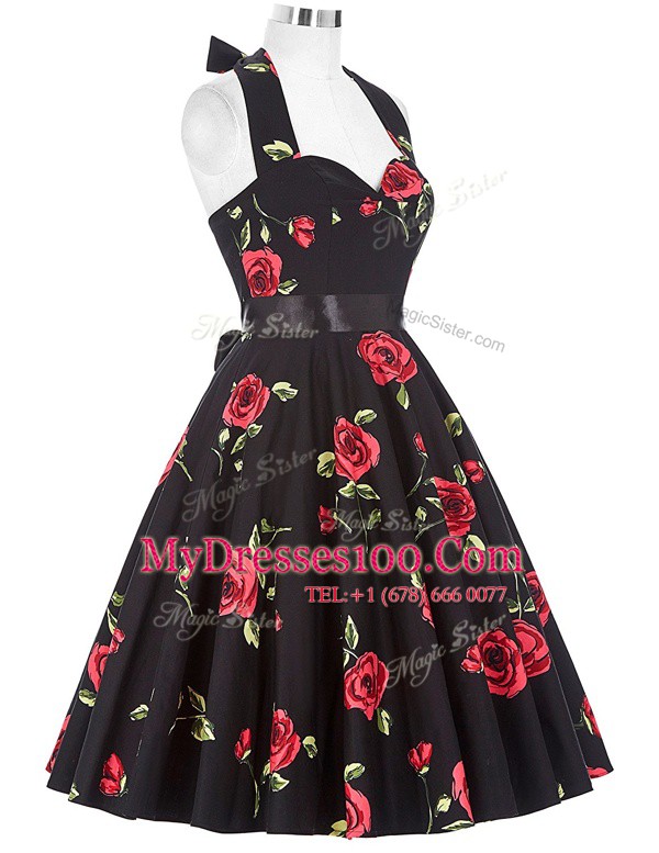 Red And Black Halter Top Zipper Sashes ribbons and Pattern Club Wear Sleeveless