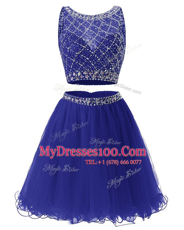 Scoop Royal Blue Sleeveless Mini Length Beading and Belt Side Zipper Evening Dress