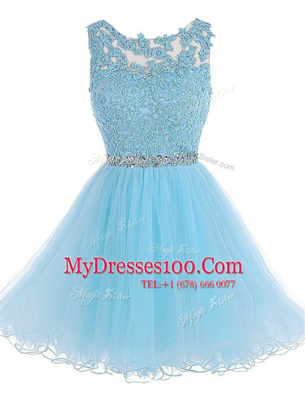 Trendy Scoop Baby Blue Sleeveless Beading and Lace Knee Length Homecoming Dress