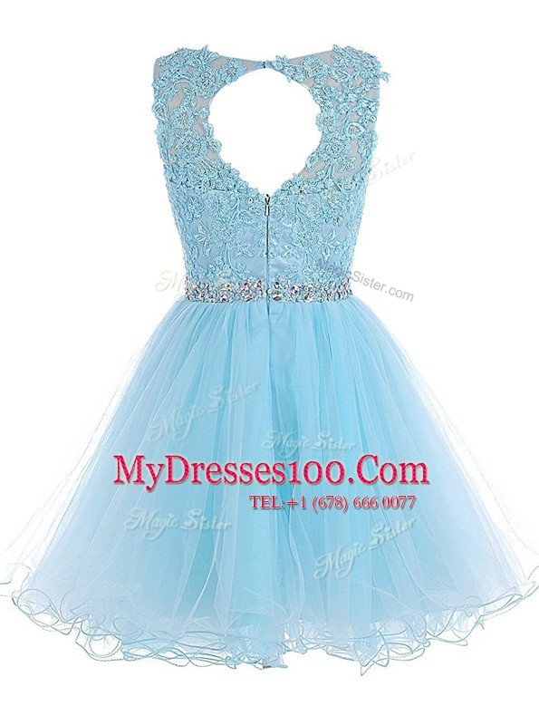Trendy Scoop Baby Blue Sleeveless Beading and Lace Knee Length Homecoming Dress