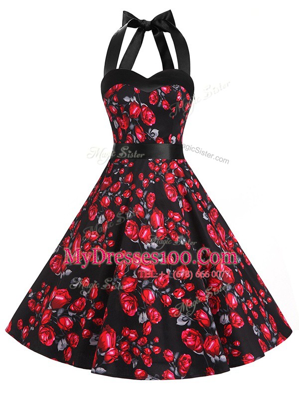 Colorful Red And Black Chiffon Zipper Halter Top Sleeveless Knee Length Evening Dress Sashes ribbons and Pattern